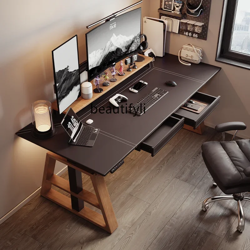 

Solid wood leggings leather surface intelligent electric lifting desk e-sports table computer desk53
