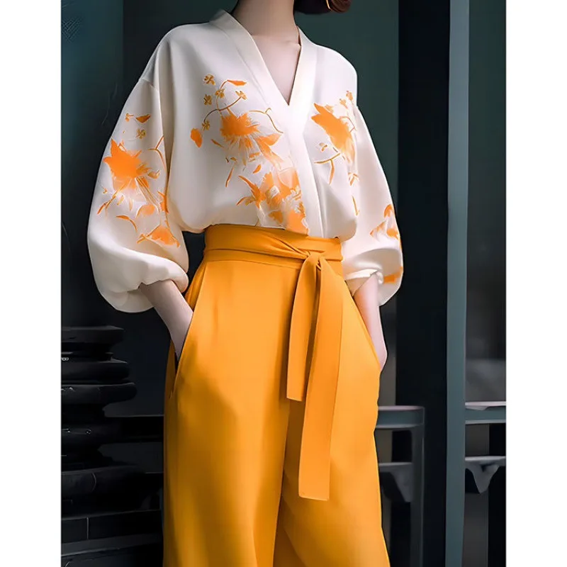 

2024 Women Clothing Two Piece Sets V-neck Print Long Sleeve Shirt Bandage High Waist Wide Leg Pants Outfits Chic Vintage Suit