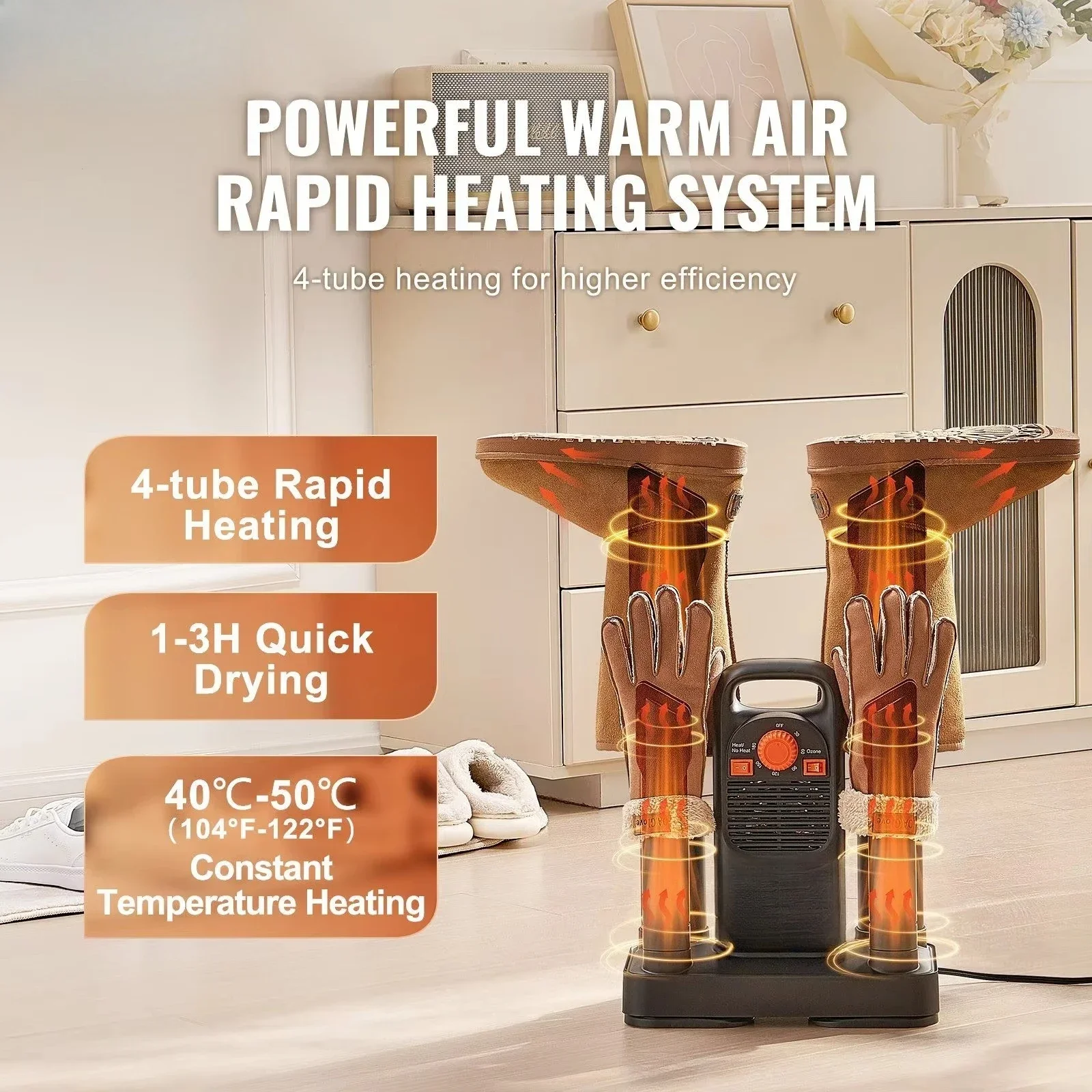 Removable 4-tube shoe dryer with timer for quick drying Black and orange Convenient and efficient shoe drying solution
