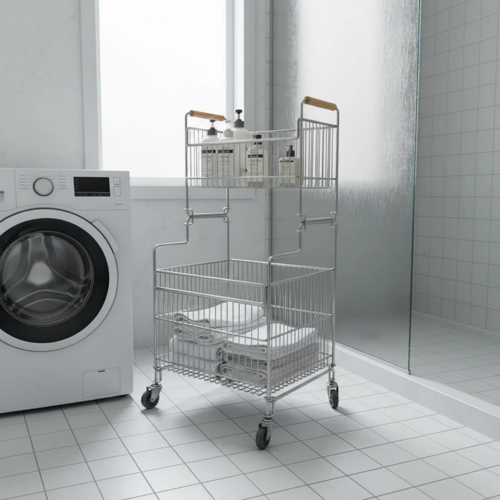 Stainless Steel Laundry Basket Floor Standing Rolling Laundry Hamper Home Organizer Mobile Rust Proof
