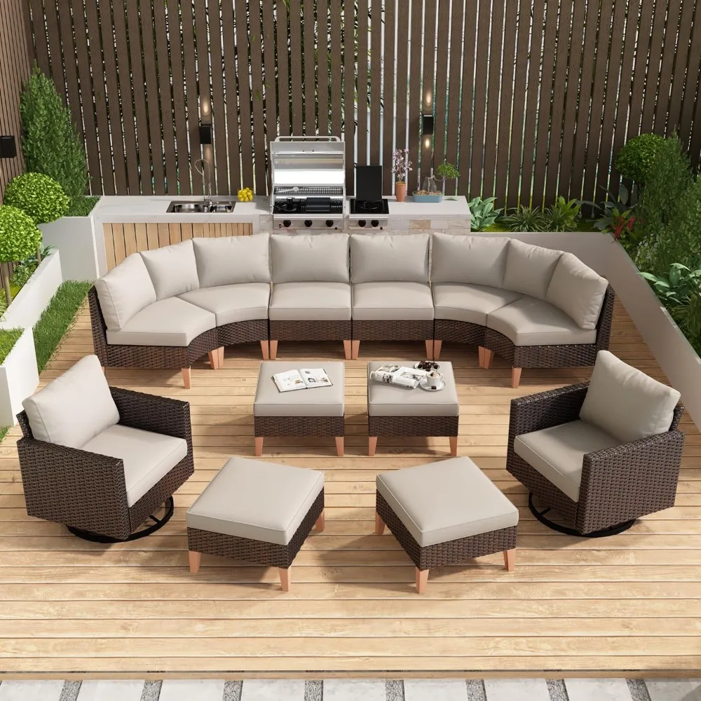 12-Piece Patio Furniture Set, Outdoor Half Moon Sectional Sofa and Wheel Patio Chair with Ottoman, Brown/Beige