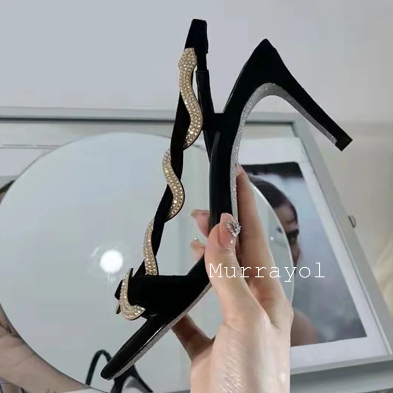 Sandalias de tacón fino con diseño en forma de serpiente para mujer, Sandalias de tacón alto con decoración de cristal de ante vacuno, zapatos de vestir de verano