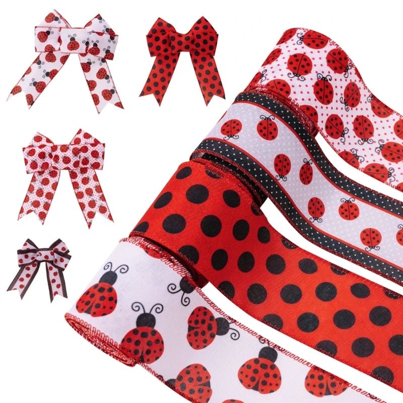 4 Roll Ladybird Ribbon 6cm Width Labybug Ribbon for Gift Wrapping, Party Decorations, Hair Bows, Crafting, Bows Making