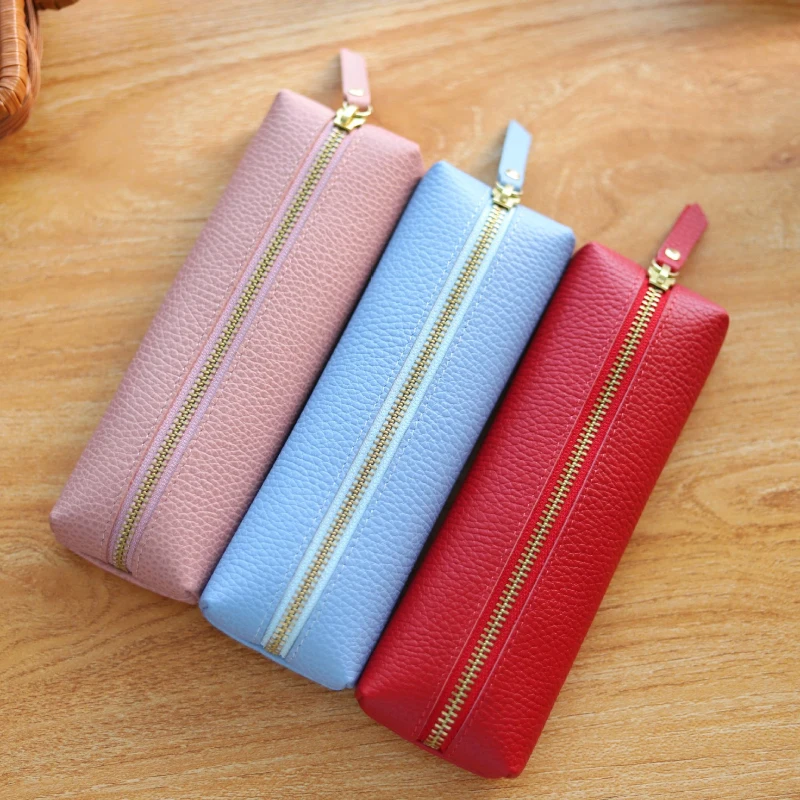 Cowhide leather Pen Bag leather litchi grain Genuine leather Zipper pencil case Storage Bag Students Stationery Office Supplies