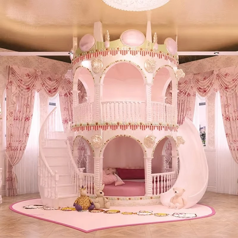 Beautiful Lovely Pink Castle Bed Girls Furniture Solid Wood Bedroom Luxury Princess Girl Slide Children Bed