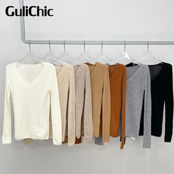 GuliChic-V-Neck Long Sleeve Thin Knitted Sweater, Cashmere Wool, Stretch Slim Pullover, Top Knitwear