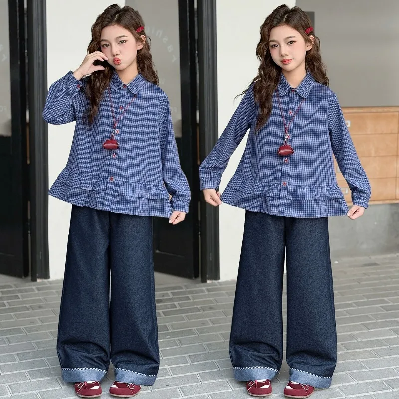 

Комплект одежды для девочек, модная детская синяя клетчатая свободная рубашка для куклы + ковбойские широкие брюки, комплект из двух предметов, весна-осень