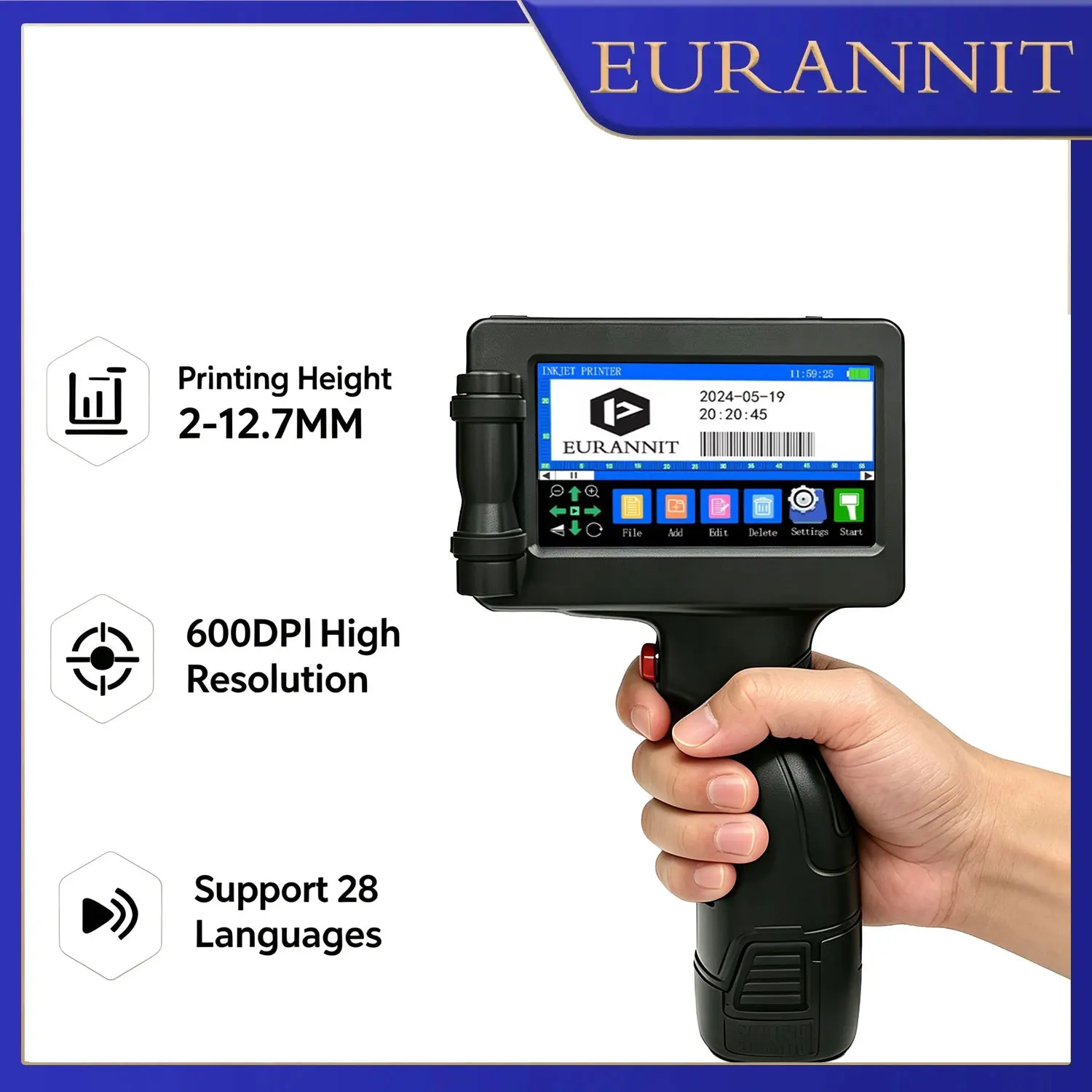 EURANNIT 12.7mm Portable Handheld Inkjet Printer Text QR Barcode Batch Number Logo Image Expire Date TIJ Printing Machine