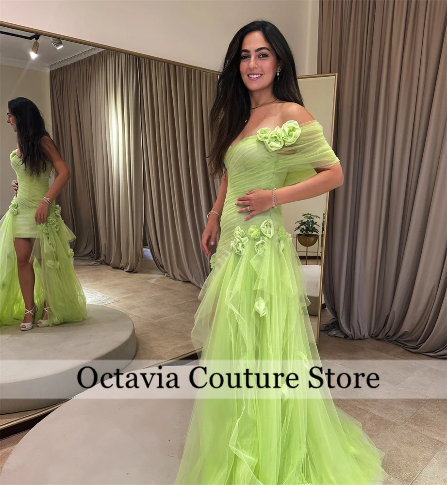Customized Yellow Evening Dresses 3D Flowers Off Shoulder Long Prom Saudi Arabric Celebrity Formal Vestidos De Fiesta