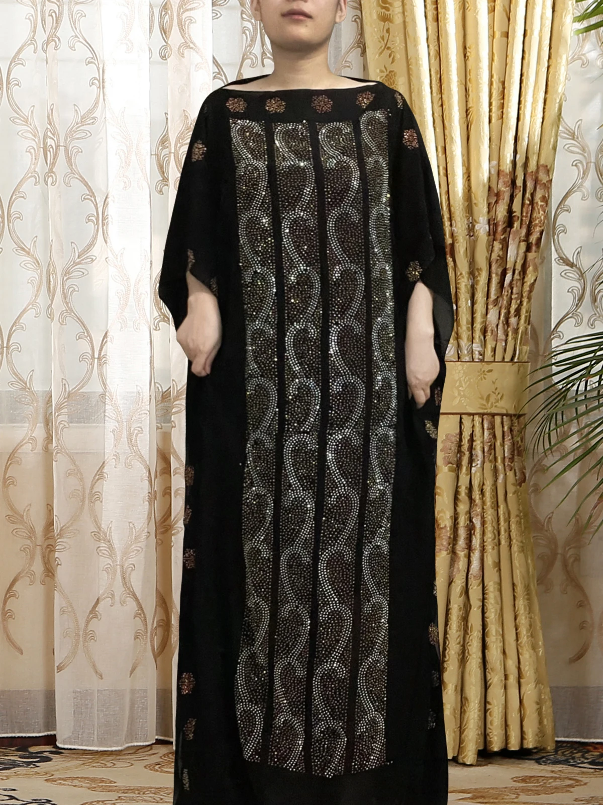 African Dresses For Women 2022 New O-neck Set Auger Black Robe Muslim Summer Clothes Islam Short Sleeve Maxi Abaya With Turban