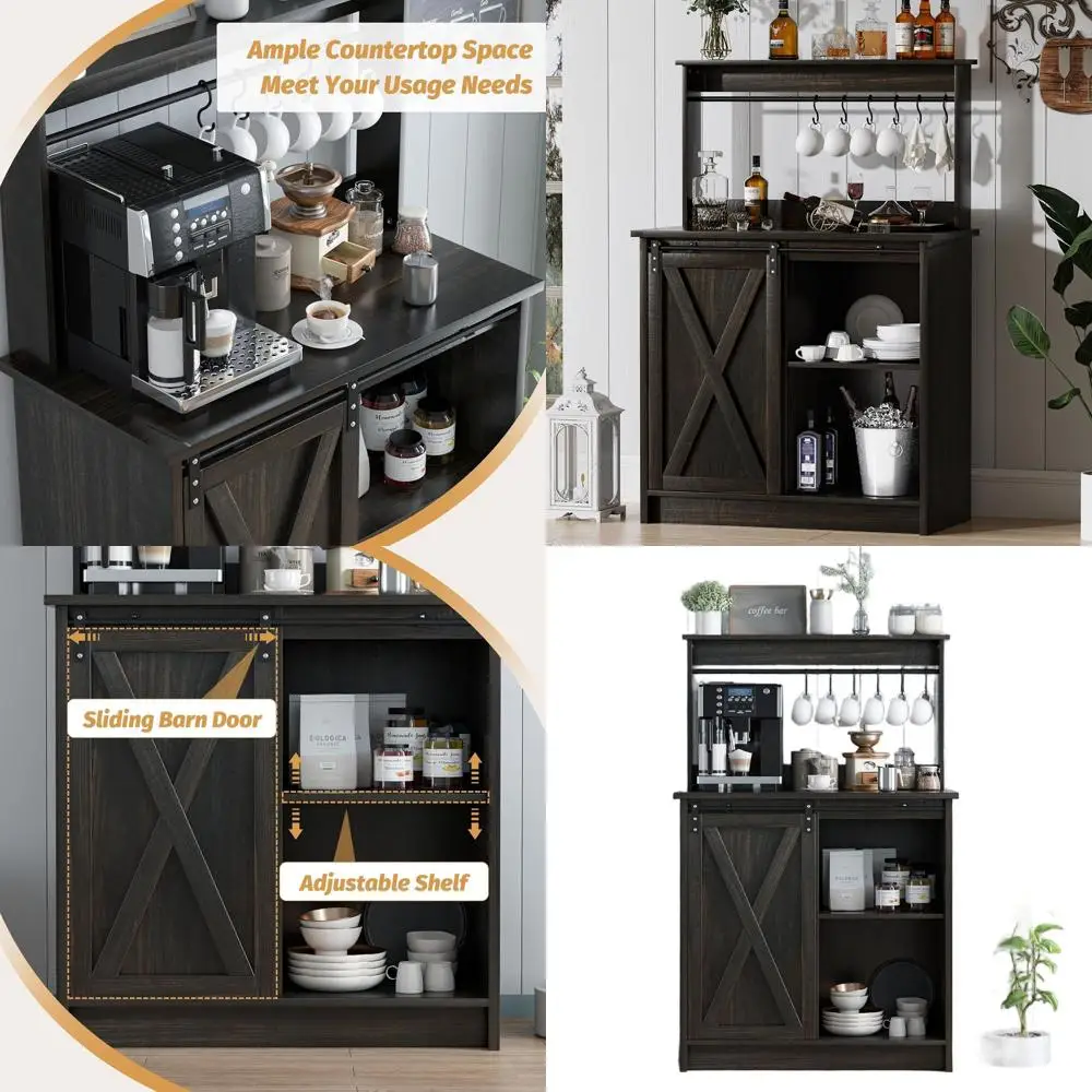 

31 Sliding Barn Door Buffet Cabinet, Storage Bar Cabinet with 6 Hooks, Adjustable Shelf Coffee Bar Table, Oak Finish for Living/