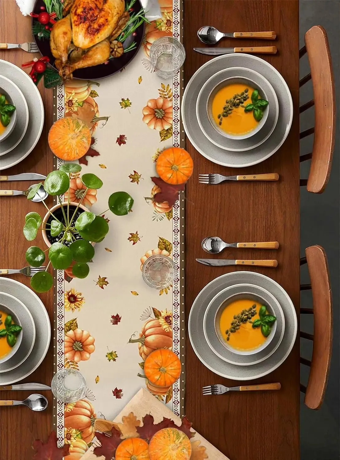 1pc Fall Pumpkin Maple Leaves Table Runner Holiday Party Decor Washable Kitchen Dining Table Runner Autumn Thanksgiving Decorati