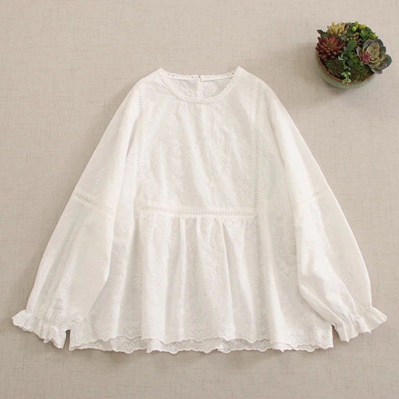 Spring New Japanese Mori Girl Sweet Embroidery Cotton Shirt Women O-Neck Long Sleeve Solid Color Casual Loose Blouse Tops