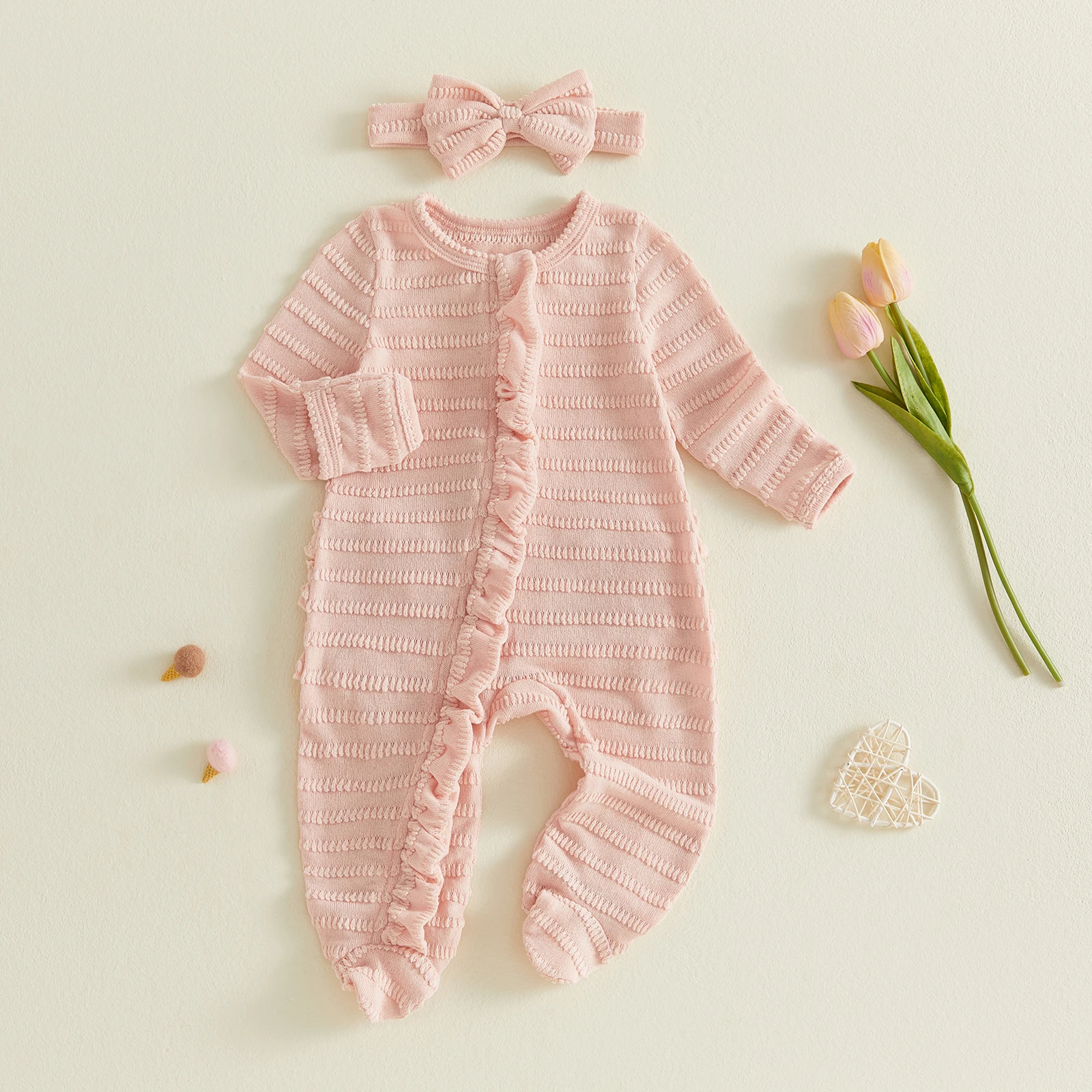 Newborn Girl Fall Ruffles Romper Solid Jacquard Long Sleeve Footed Jumpsuits Headband Soft Baby Autumn Clothes