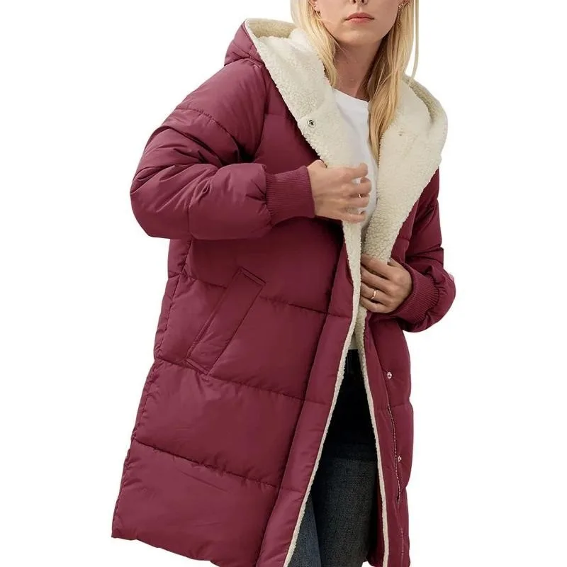 Women's Clothing Solid Warm Fleece Hooded Cotton Coat Long Sleeves Double-sided Velvet Slim Fit Elegant Cardigan Outerwear Top