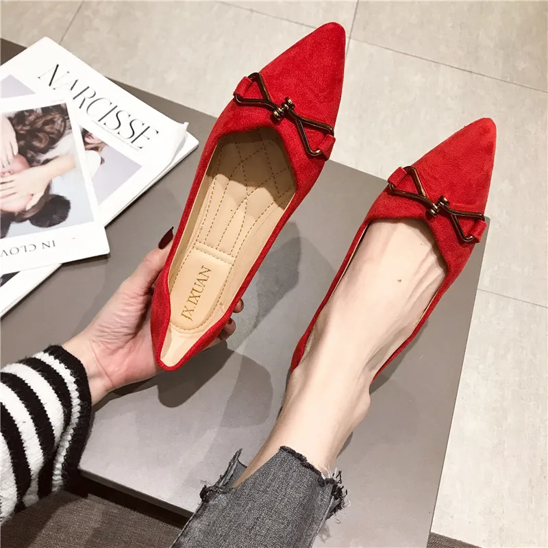 Women Black Flats Pointed Toe Pure Color Plus Small Size 31 32 33 Slip on Loafers Red Shoes for Girls Summer Spring Casual Shoes