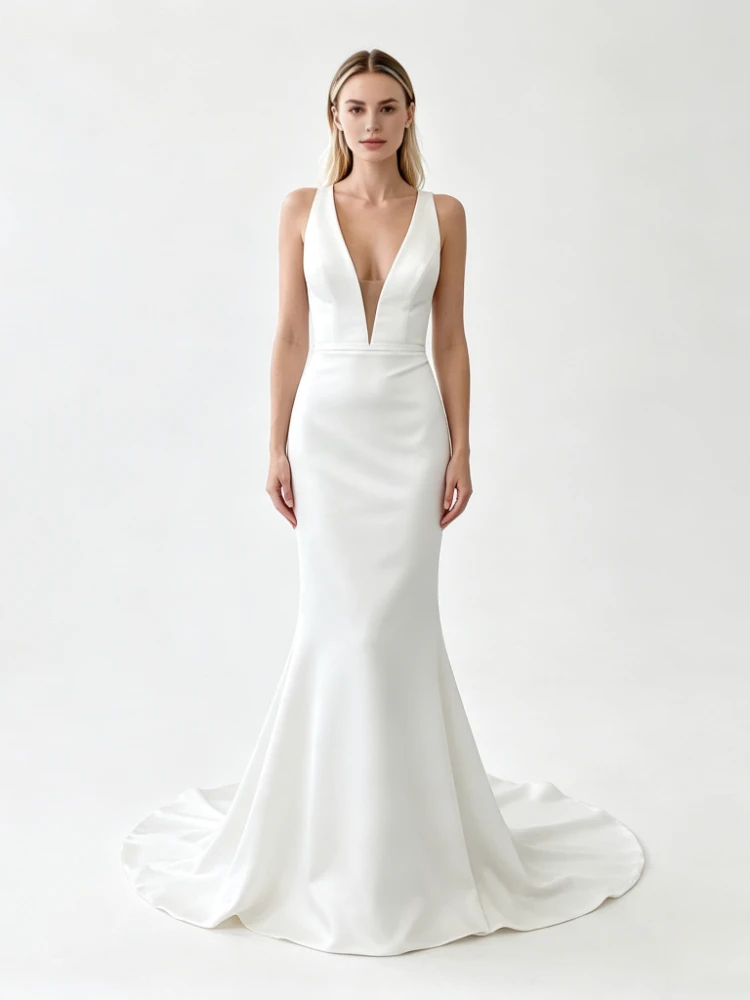 Customized Exquisite Deep V-Neckline Sleeveless Mermaid Wedding Dresses High Quality Open Back Draped Floor Length Bridal Gowns