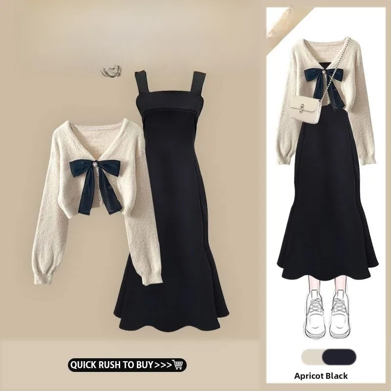 

New Knitted Cardigan Sweater Women's Small Fraance Sle Knot V-ne Bla Waist-cinching Strap Dr Set