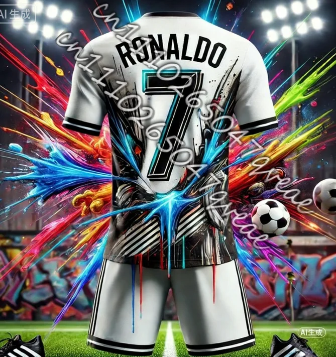 

2Pcs Outfits ChatGPT Design Graffiti Ronaldo # 7 T-shirt+Shorts Sets Summer Sports Kids/Adult Suit Football Jersey Training Kit