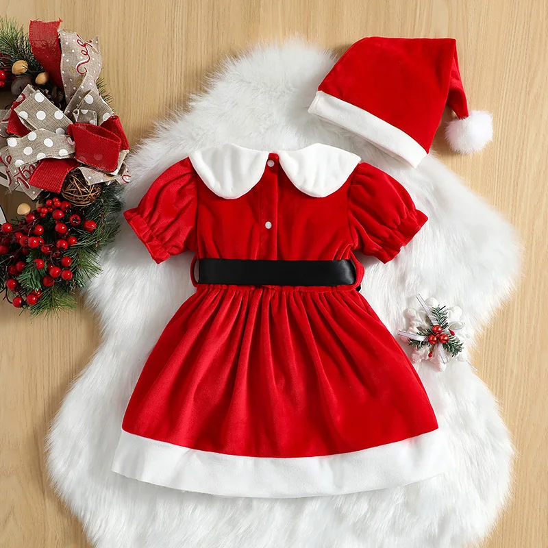 Toddler Baby Girls Christmas Party Dress Red Short Sleeve Doll Collar Princess Dress with Belt Hat Xmas Outfit