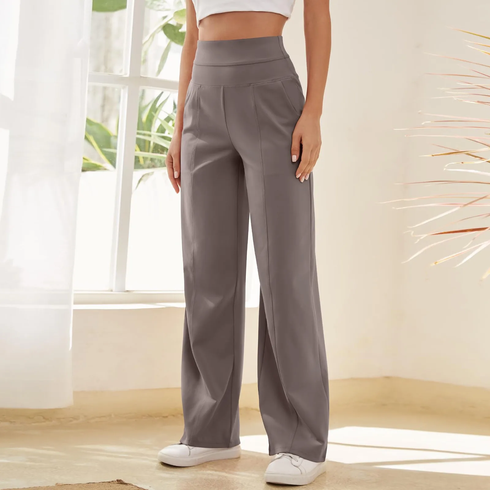 Pantalones deportivos de pierna ancha para mujer, Pantalón recto elástico de cintura alta, Color sólido, pierna ancha, baile, Yoga, pantalones cómodos con bolsillos