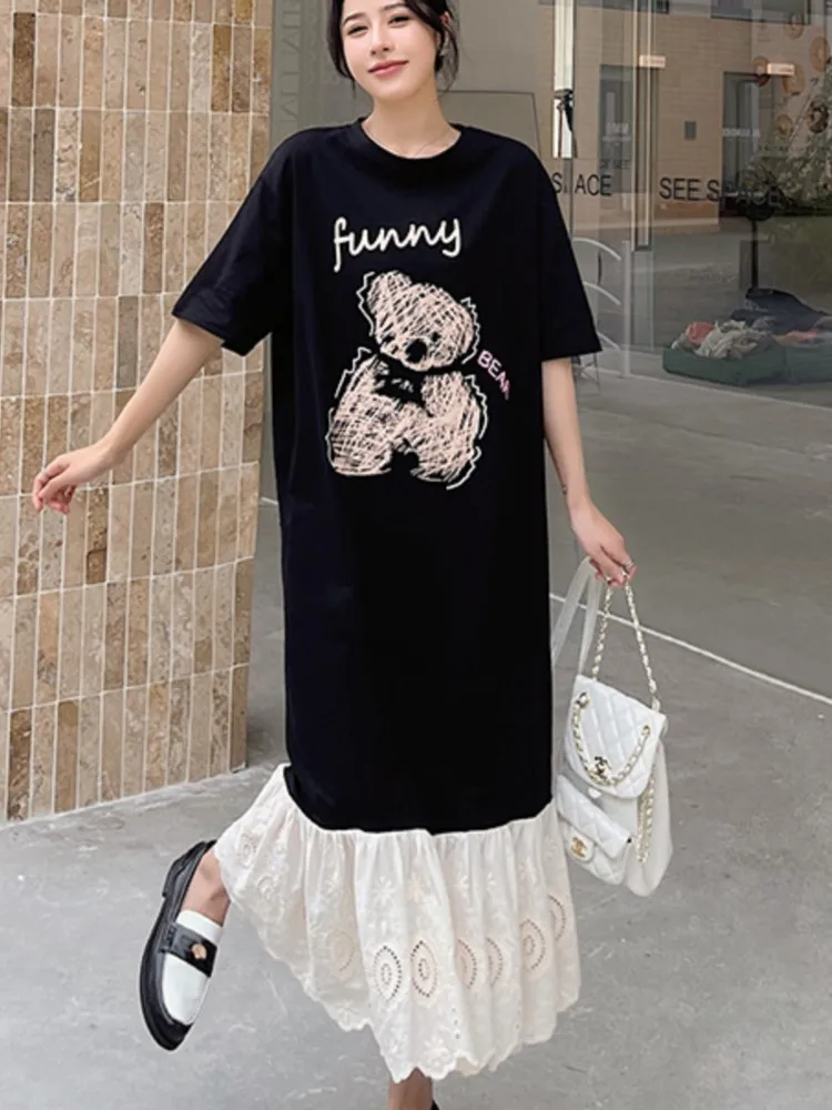 Primavera Verano mujer suelta talla grande camiseta vestido Casual Jacquard Patchwork señoras Vestidos