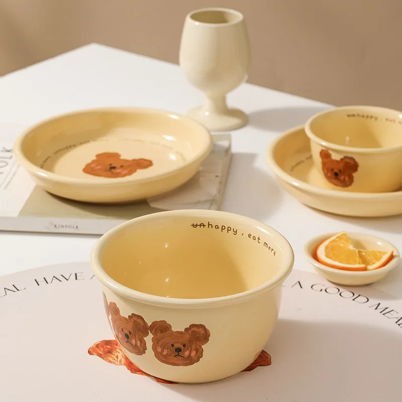 Cute Bear Tableware Korean Ins Style Ceramic Bowl Set Croissant Plate Dish Soup Bowl