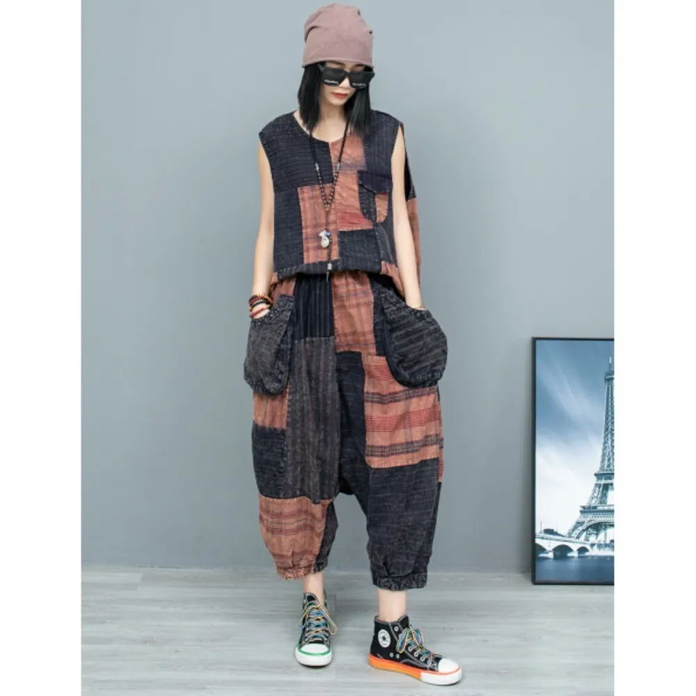 

Patchwork Backless Sleeveless Vest + Large Pocket Hanging Crotch Pants Two Piece Set Women 2024 Early Autumn Fashion ZF021