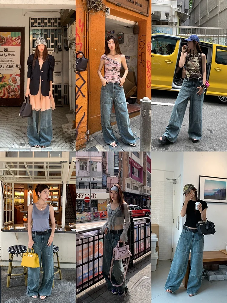 Calça Jeans Feminina de Algodão com Efeito Desgastado e Patchwork, Perna Larga, Comprimento Longo, Corte Reto, Sem Elasticidade, Cor Profunda