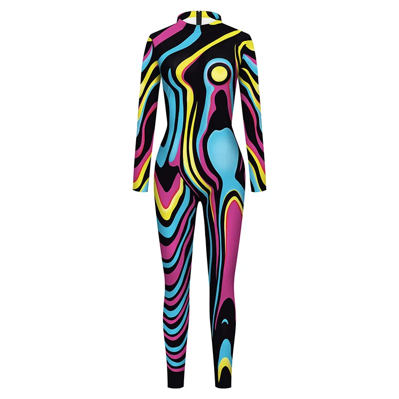 Graffiti Veelkleurige Bedrukking Vrouwen Vakantie Feest Jumpsuits Sexy Bodysuit Wear Cosplay Kostuum Catsuit Zentai Pak