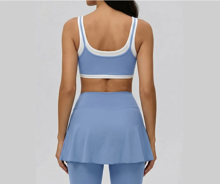 VITALINOVO Damen 2-teiliges Tennisrock-Set Hochgeschnittenes Rüschen-Golf-Outfit Skort Quadratischer Ausschnitt Sport-BH Athletisches Kleid Pickleball – Detail 5
