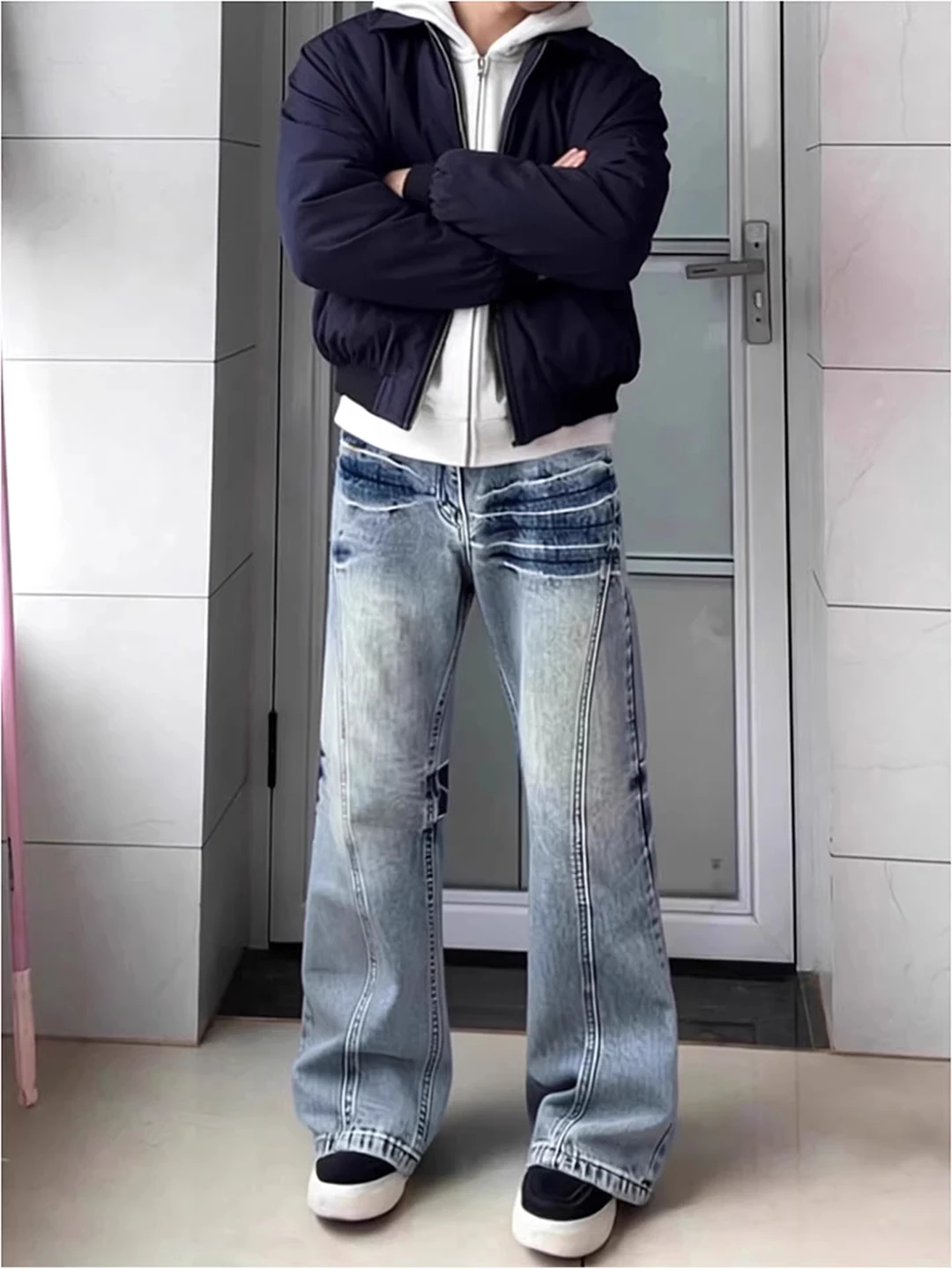 

Blue Fce Lined Flared Straight Leg Men's Jeans High Waist Tapered Knife American High Street Sle Casual Jeans