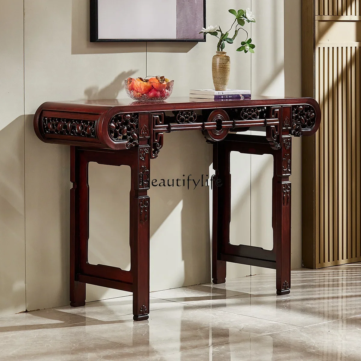 Ming Style a Long Narrow Table Sandal Wood round Flower Stand Piano Desk Rosewood Furniture