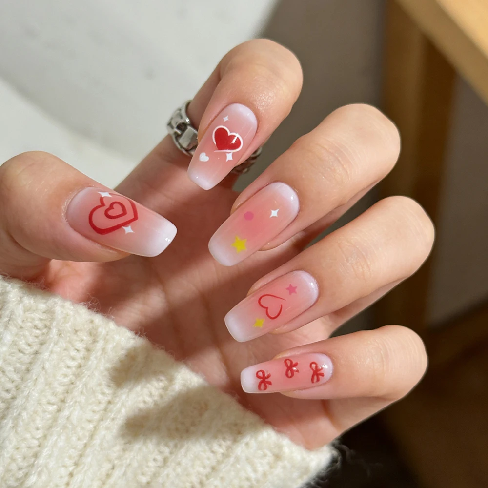 120 Stück Dopamin-Farbverlauf Press-On-Nägel mit Herz-, Stern-, Schleifen- und Punktmuster, französische künstliche Nagelspitzen, süße Mädchen-Valentinstag-Mandel-Kunstnägel – Detail 10