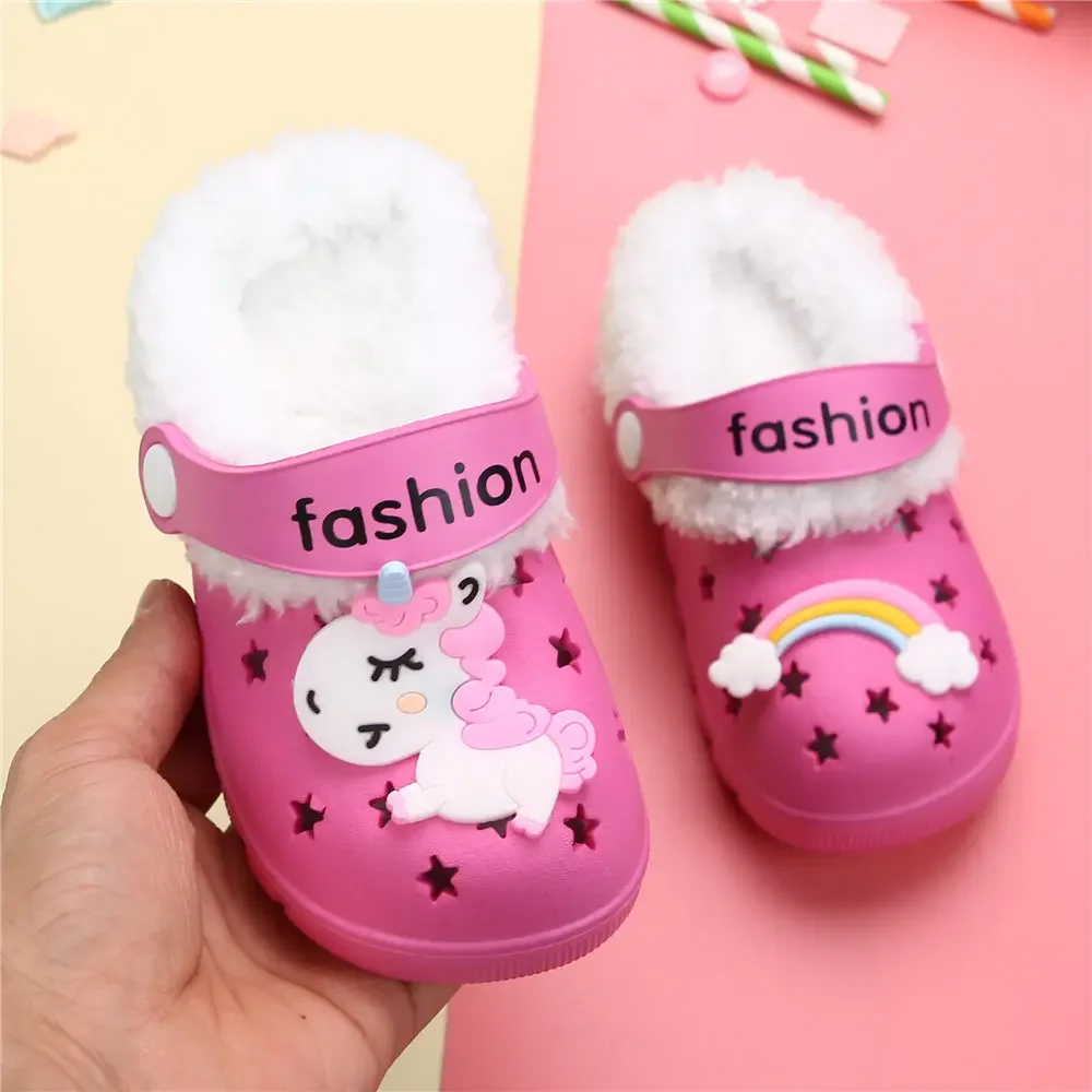 1-6y Kids Mules & Clogs Autumn Winter Boys Sandals Cartoons Add Wool Warm Baby Beach Slippers Children Garden Shoes H43