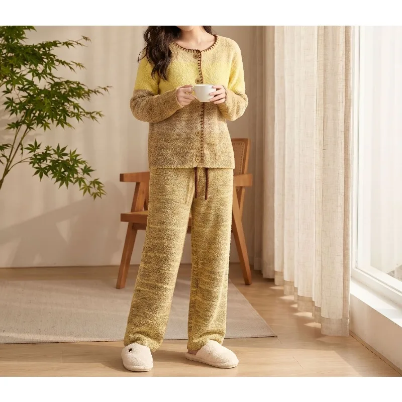 Gradual Change of Contrasting Colors Cardigan Half-sided Velvet Pajamas for Women Round Neck Button Loungewear Wide-leg Pants