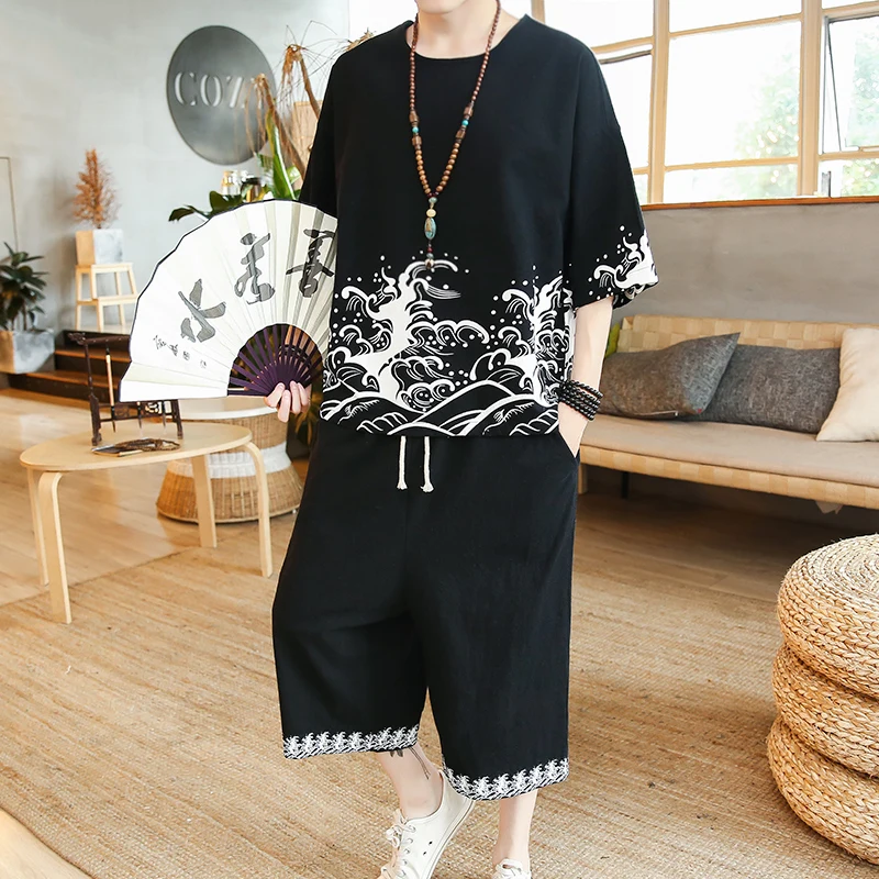 Short Sleeve T-shirt Spring and Summer Chinese Style Men's Linen Suit Half Sleeve Loose LargeSize Trendy Ethnic Style Floral Top