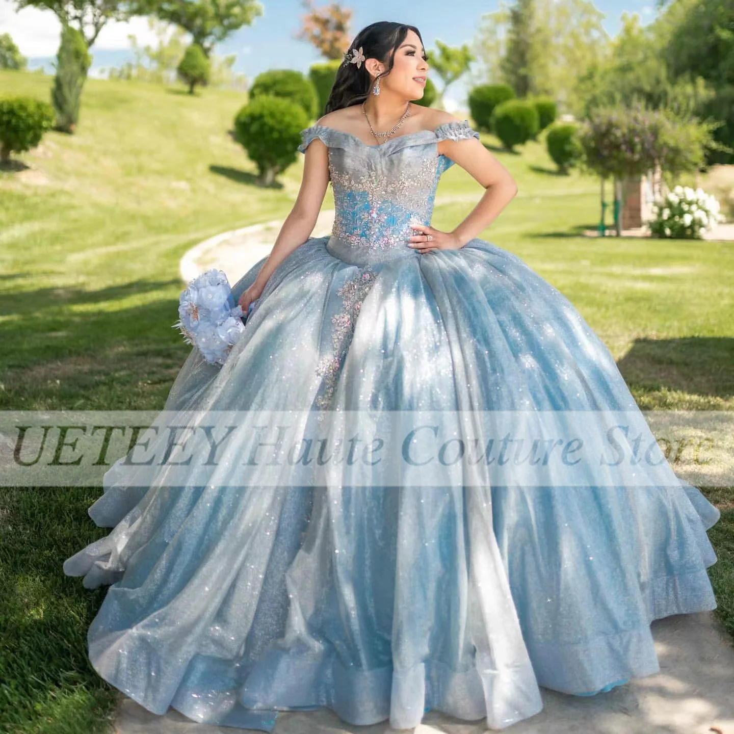 Gaun Quinceanera Biru Gemerlapan Berpayet Manik-manik Applique Pesta Pernikahan Putri Bola Gwons Vestidos De 15 Quinceañera