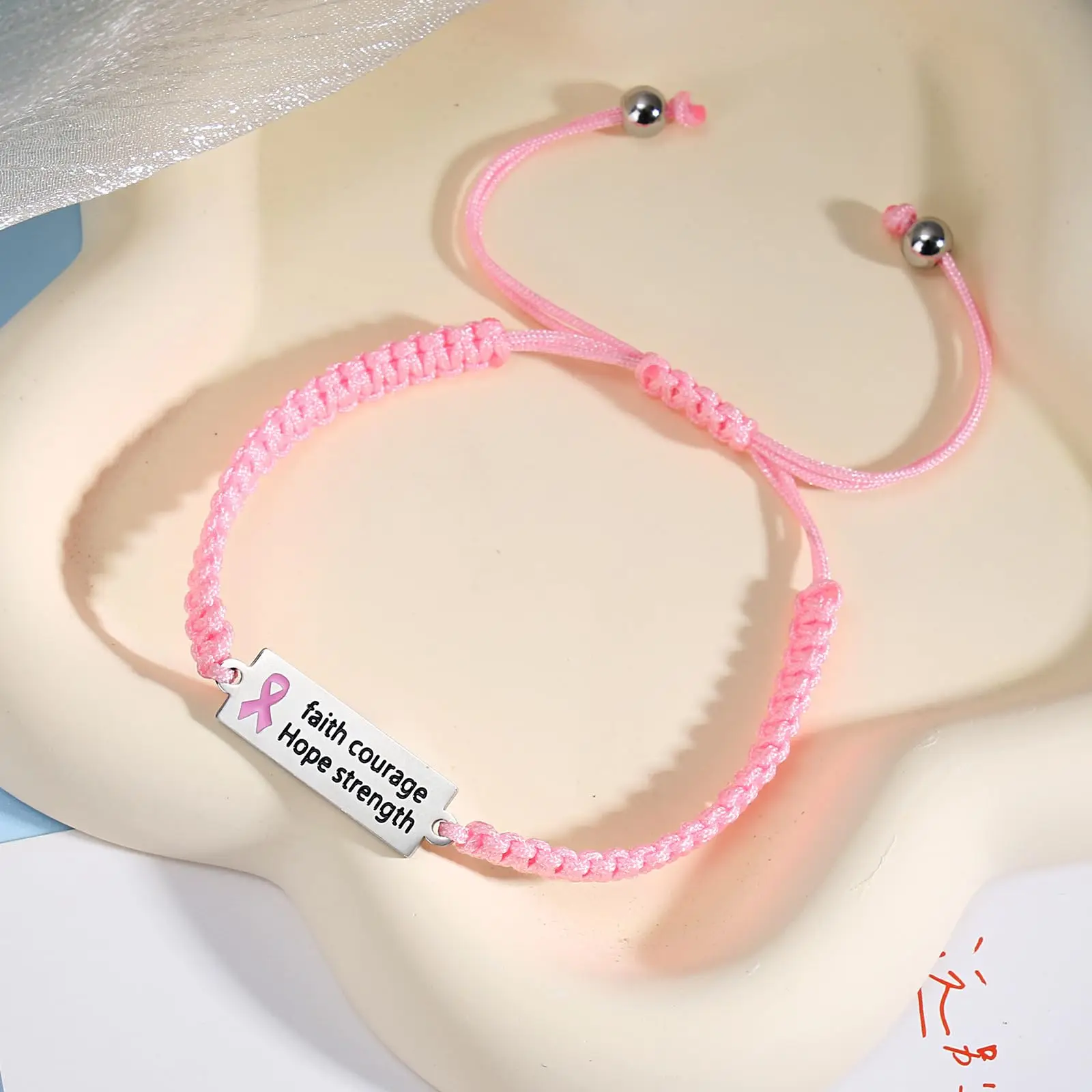 Breast cancer Awareness Hope Women Ribbon Charm Woven Rope Wristband Bracelet Jewelry Gift Woven Bracelet (with card)