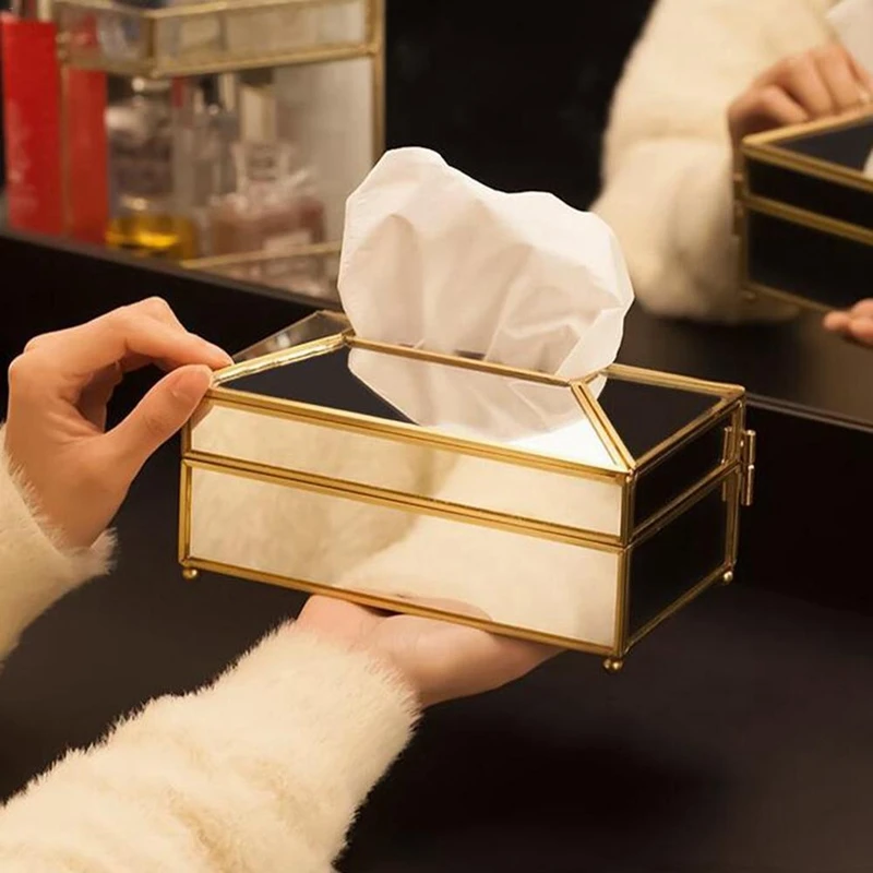 AT21-Luxury European Style Practical Mirror Glass Tissue Box Waterproof Paper Towel Holder Dressing Table Tray Home Decor