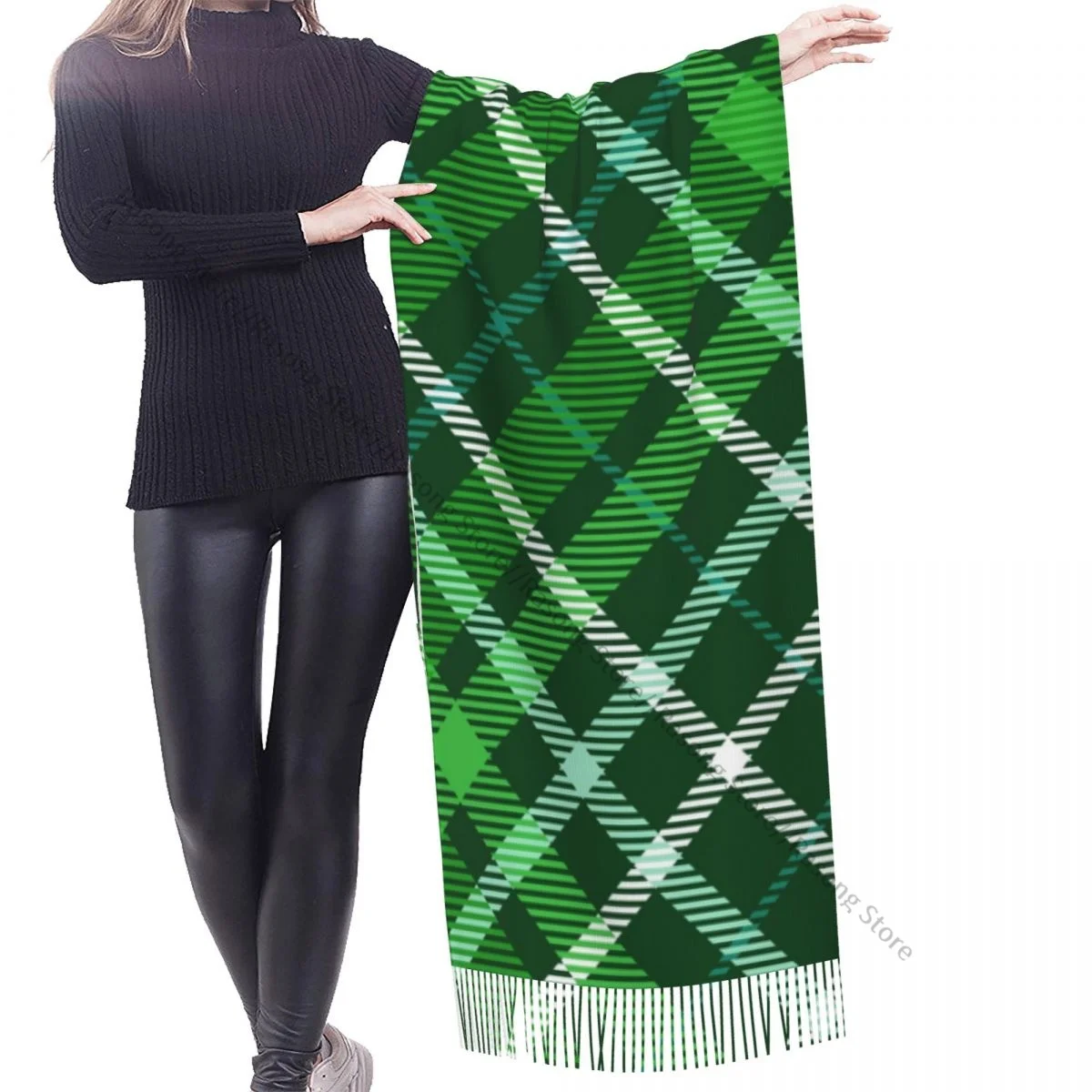 Dark Green Plaid Check Pattern Scarf Winter Long Large Tassel Scarves Soft Wrap Pashmina