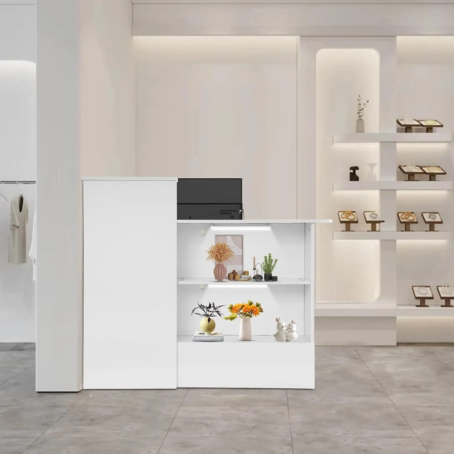 Front Reception Desk with Counter & Storage Shelves Modern Reception Desk with LED Lights & Lockable Drawer, Retail Checkout Cou