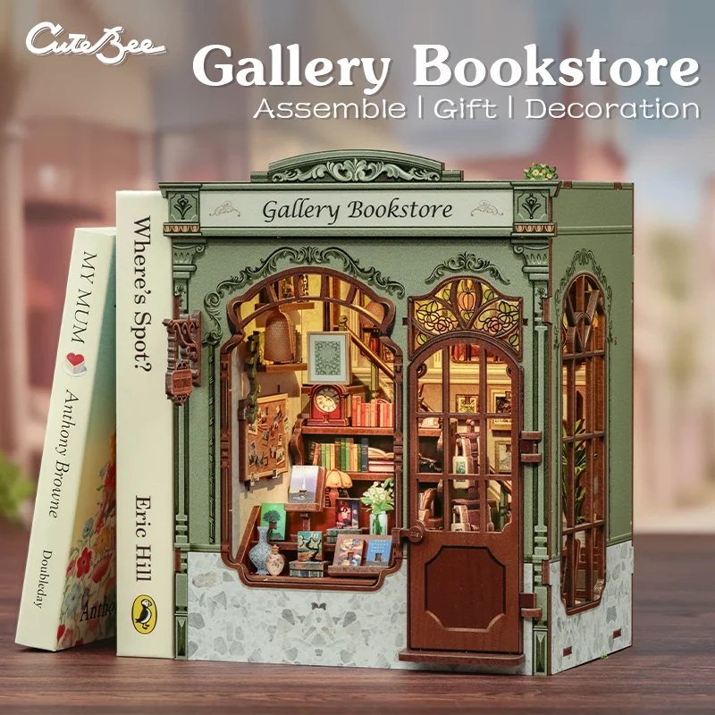 CUTEBEE DIY Book Nook Kit Miniature Model Wooden Dollhouse with LED Light Bookshelf Insert Home Decor for Gallery Bookstore