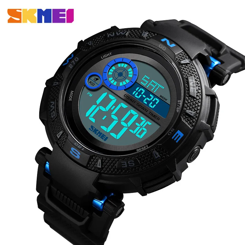 Skmei أنيق وتنوعا ساعة رجالية Skmei تدوير الوجه الدائري مقاوم للماء العد التنازلي الرياضة الإلكترونية ساعة