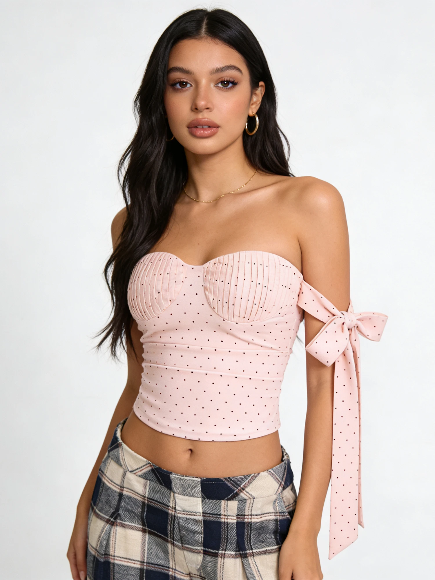 Women's Crop Top Pink Polka Dot Tank Top For Women Summer Vintage Corset Top Y2k Gyaru Lace-up Tube Top Vest Camisole Summer New