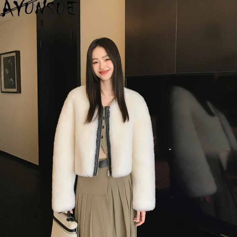 

AYUNSUE 100% Sheep Shearing Jacket for Women Winter 2023 Elegant Short Wool Coats Casual Fur Coat Zipper Chamarras Para Mujeres