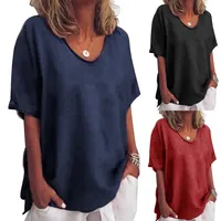 Summer Cotton Linen Solid Color Short Sleeve Women's T-shirt Casual Slimming Top plus Size Women's Shirt Crew Neck Tee