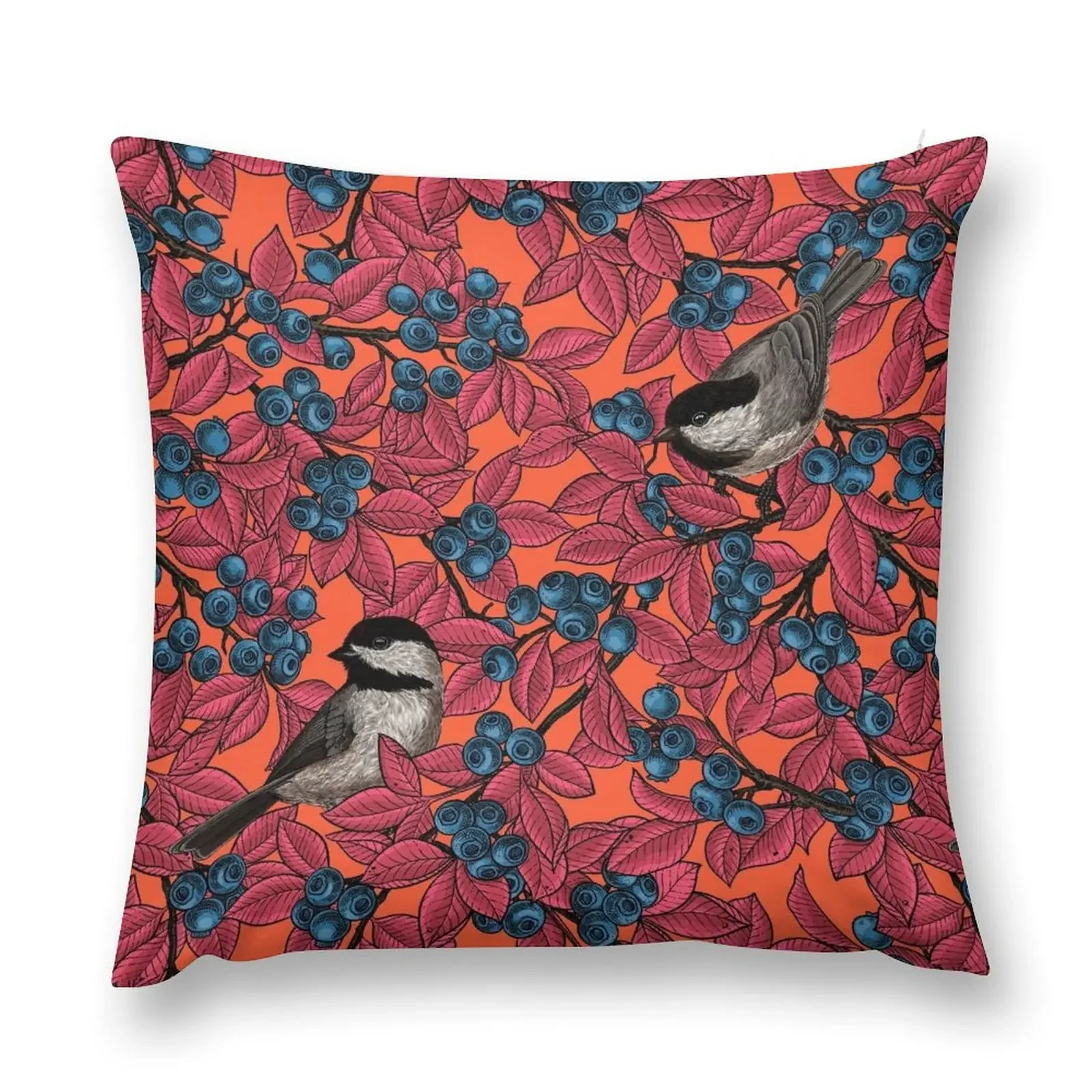 Chickadee pássaros em galhos de mirtilo, folhas vermelhas colorway Throw Pillow Sofá Almofadas Capa travesseiro