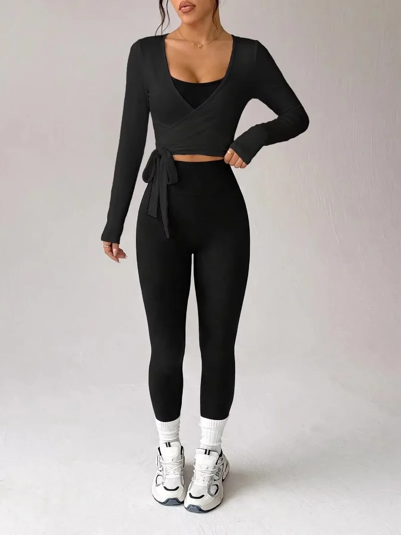 YTYINWOMEN'S 3-PIECE WRAP-TOP ACTIVEWEAR SET - WRAP TOP, BRA & LEGGINGS