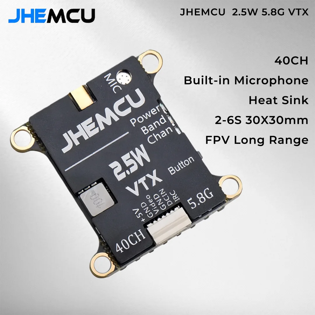 

JHEMCU 2.5W VTX 5.8G 40CH Регулируемый FPV-передатчик со встроенным микрофоном и радиатором, 2-6S, 30X30мм, для радиоуправляемых самолетов и FPV-полетов на дальние расстояния